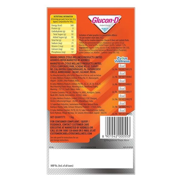 Glucon-D Tangy Orange Glucose Powder + Bottle - 1kg